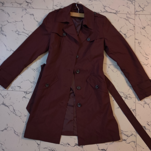 OLGYN Women’s Belted Burgundy Trench Coat - Picture 4 of 5